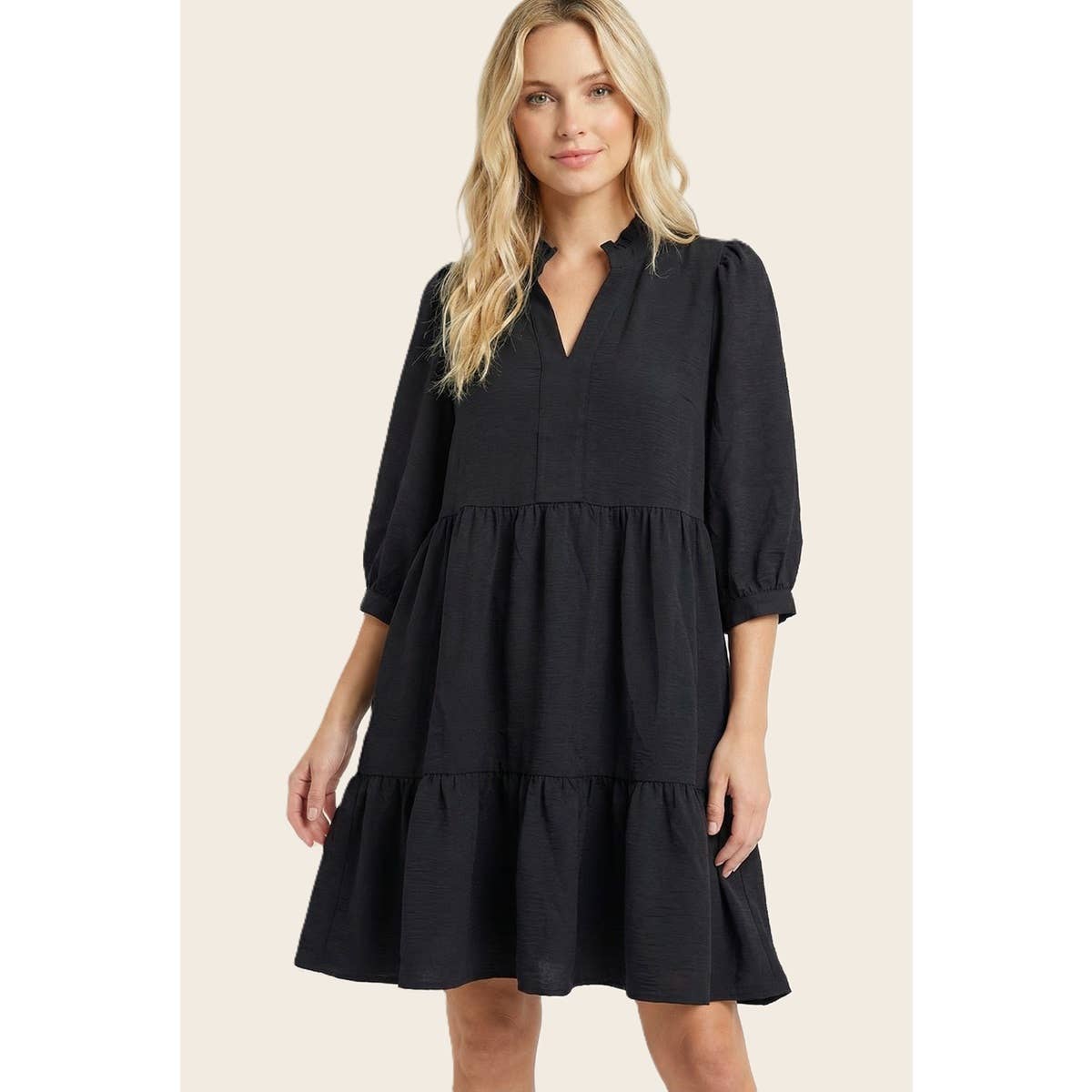 FRILLED SPLIT NECK TIERED DRESS