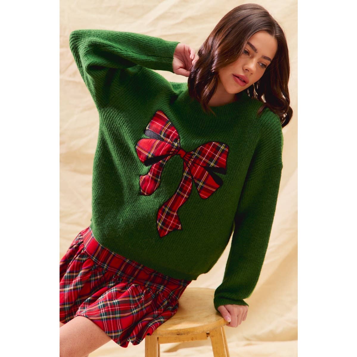 CHECKER PLAID RIBBON CHRISTMAS HOLIDAY SWEATER TOP