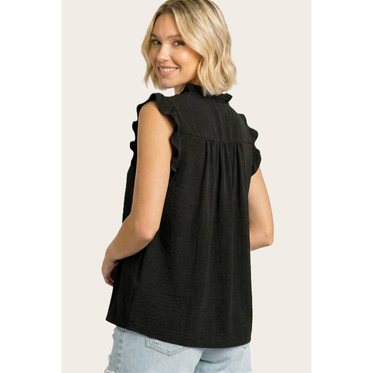 FRILLED Y SPLIT NECK SMOCKED SHOULDER TOP