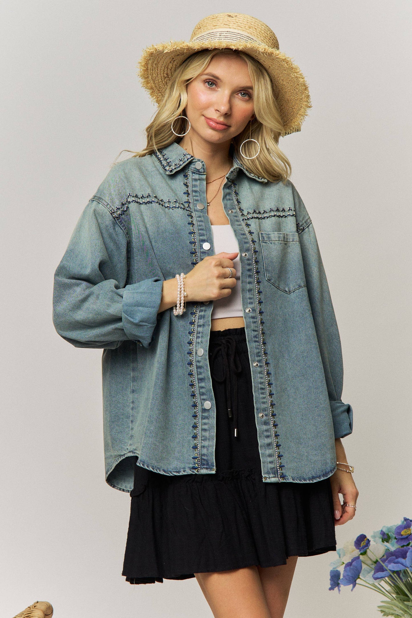 EMBROIDERY PATTERN DENIM BUTTON UP SHIRT