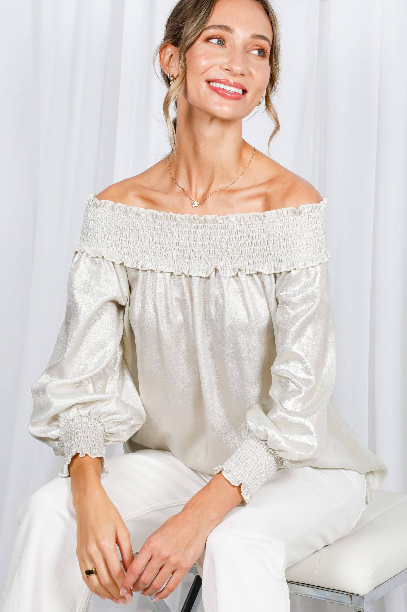 Metallic Woven Off-The-Shoulder Smocked Blouse