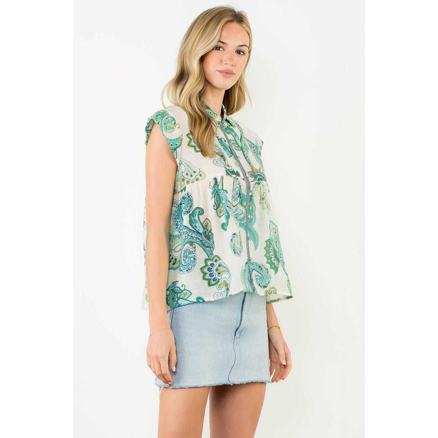 Cap Sleeve Paisley Button Down Top