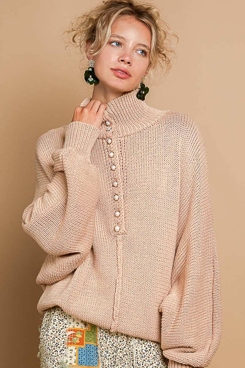 Dolman sleeve mock neck pearl button pullover