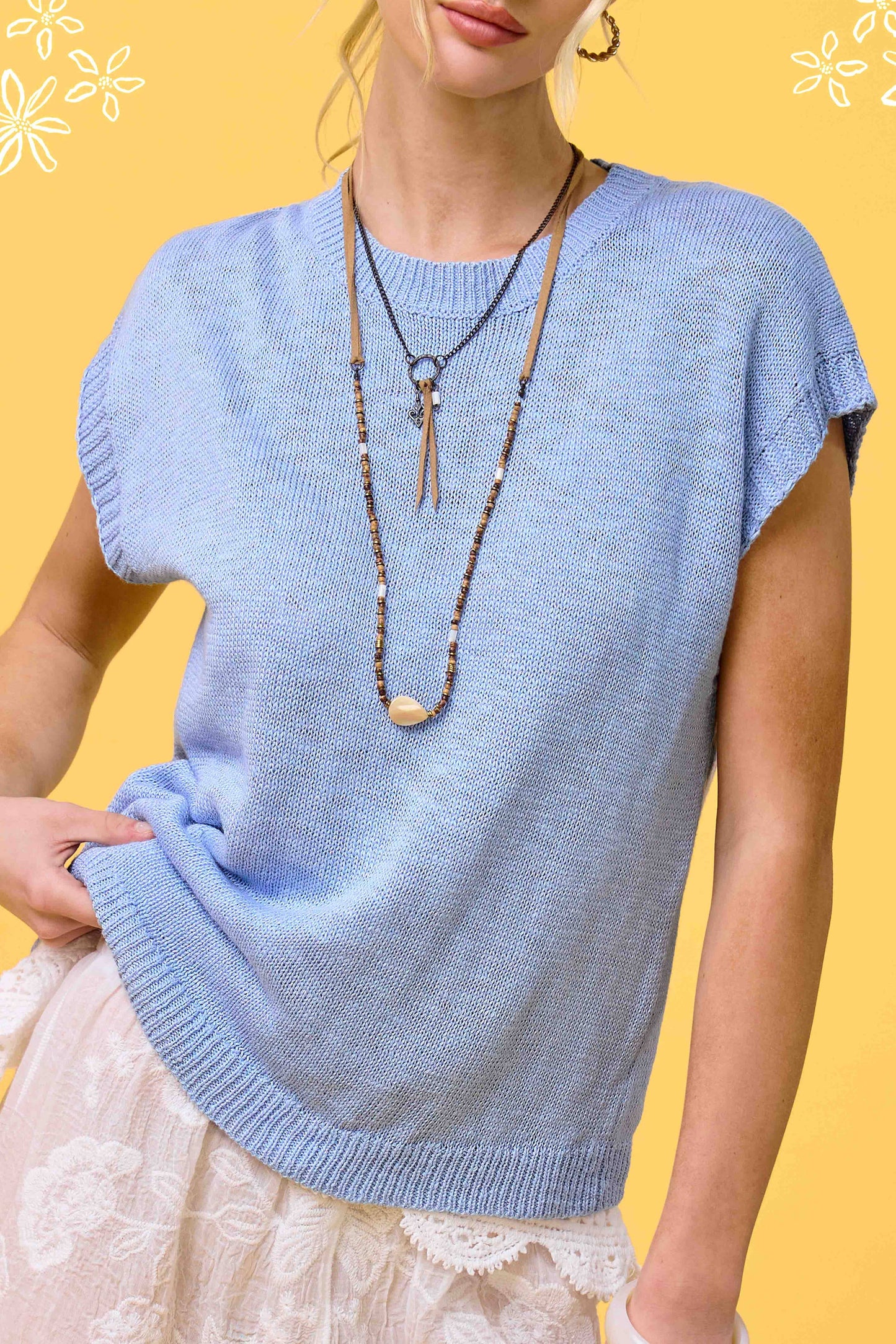 Loose Fit Sleeveless Ribbed Knit Mock Crew Neck Top