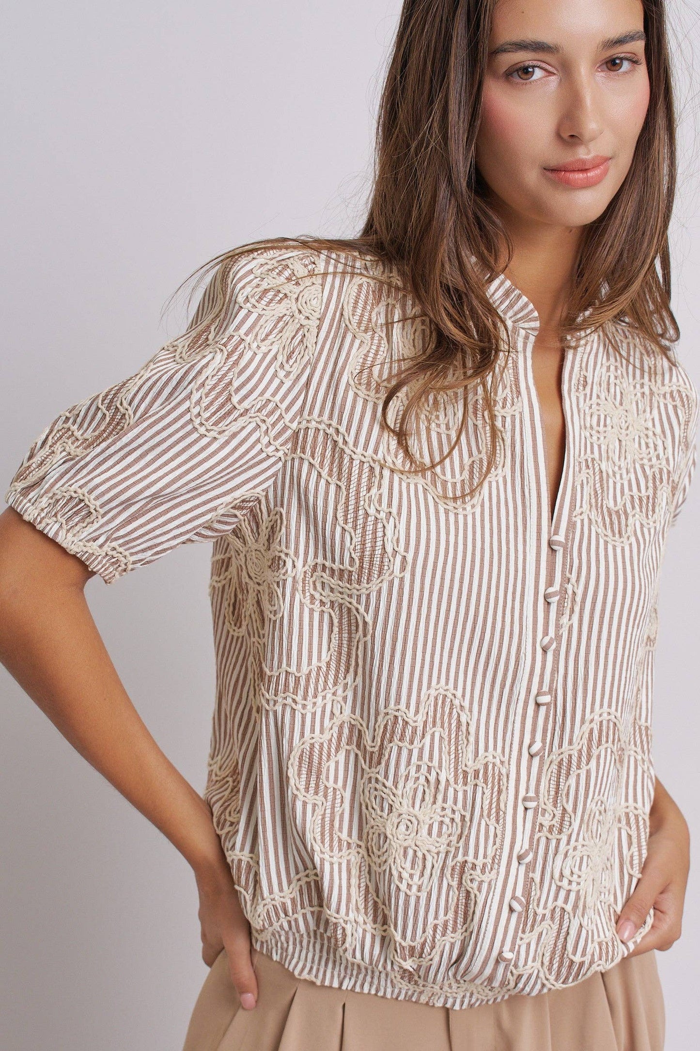 Corded Lace Embroidered Striped Puff Sleeve Blouse