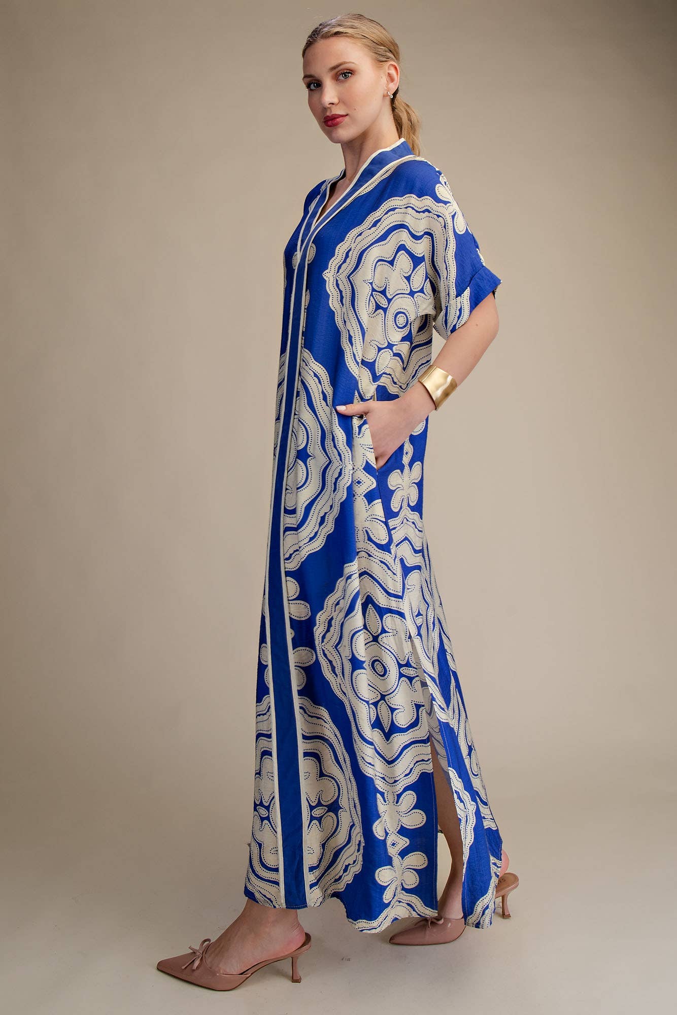 V-Neck Short Sleeve Maxi Print Dress