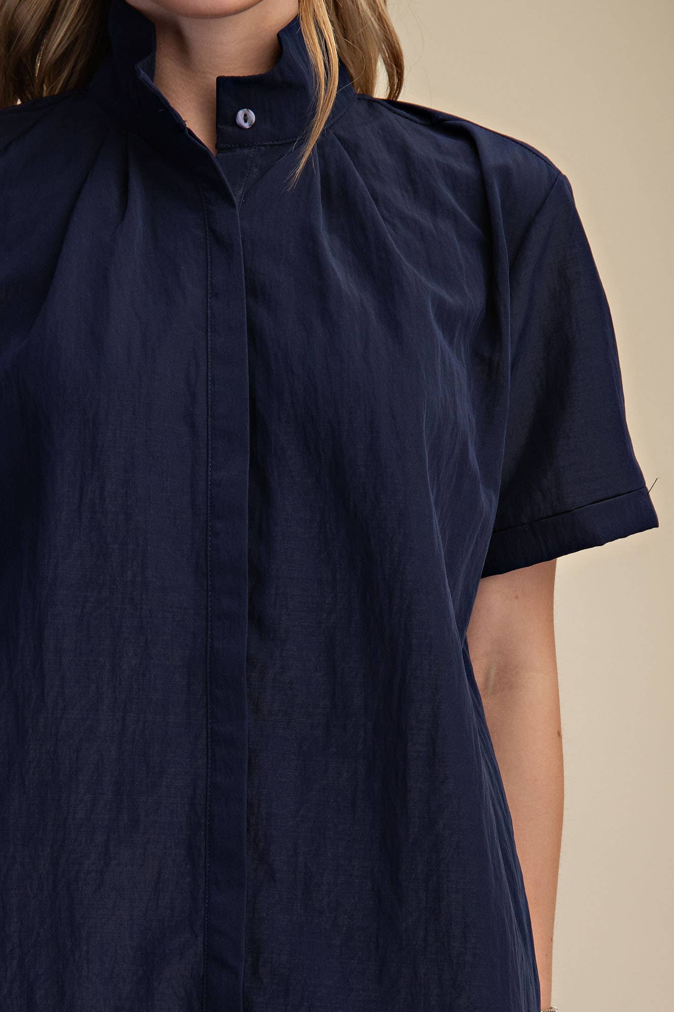 Stand Collar Short Sleeves Button Down Shift Dress