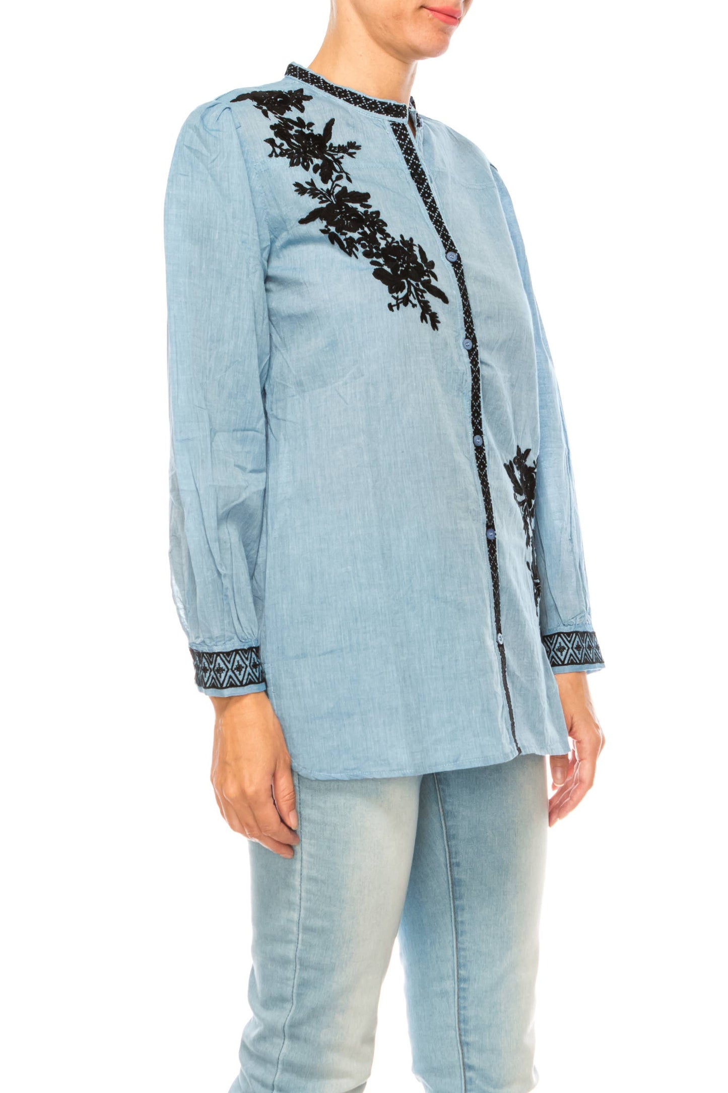 Button Down Chambray Tunic with Embroidery