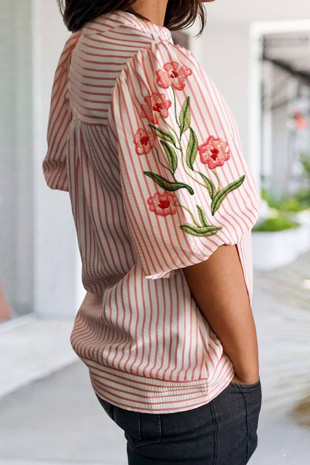Floral Embroidered Puff Sleeve Striped  Blouse | S-XL