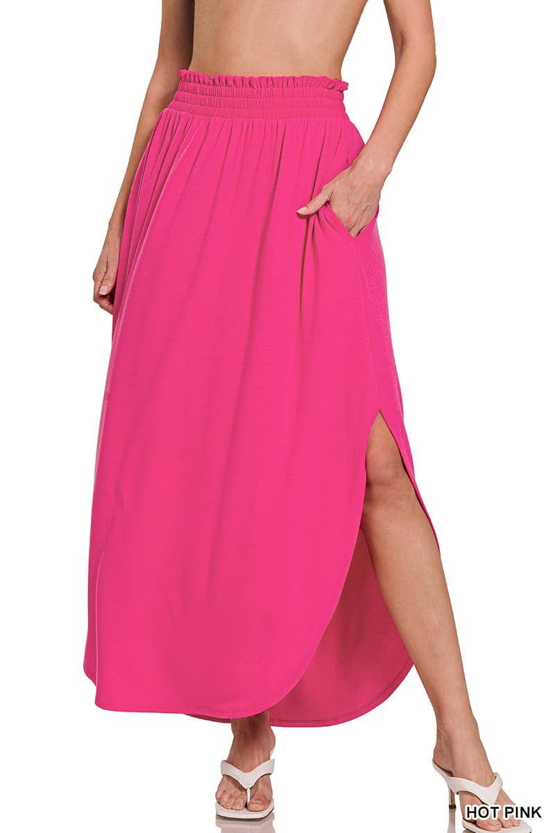 SMOCKED WAIST SIDE SLIT MAXI SKIRT WITH POCKETS