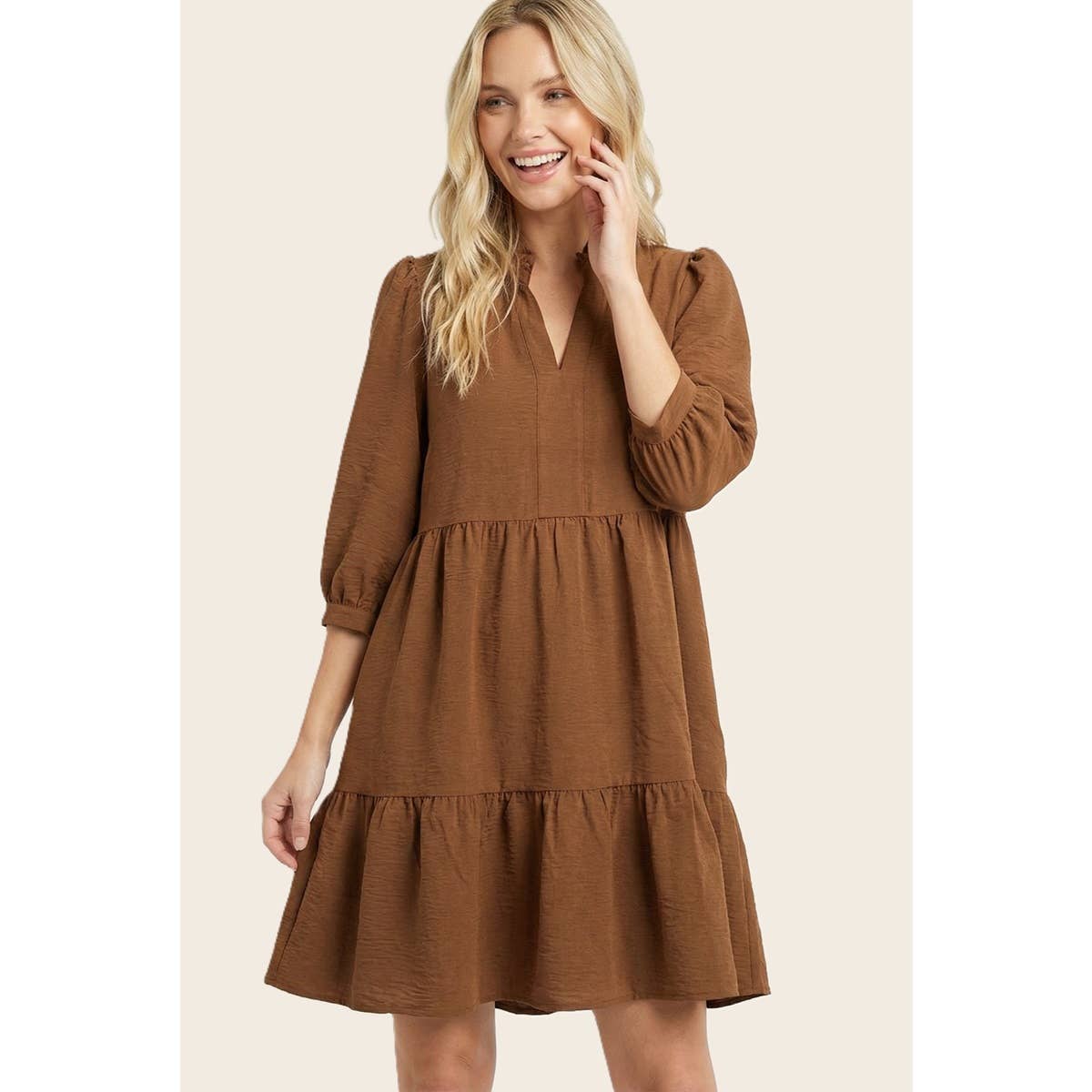 FRILLED SPLIT NECK TIERED DRESS