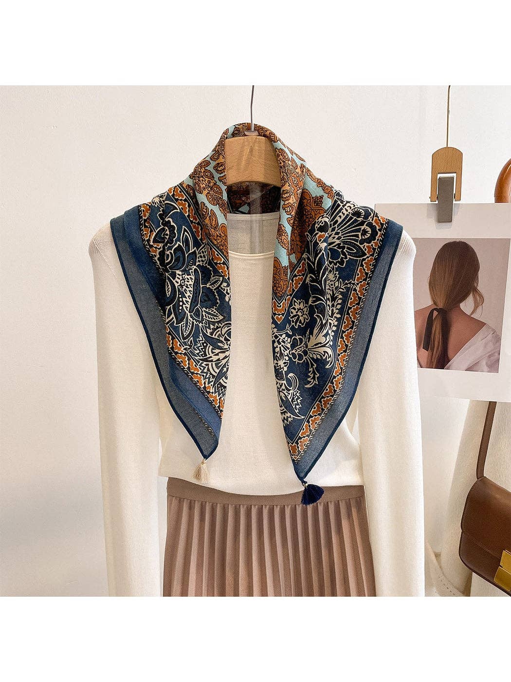 Navy Retro Floral Print Tassel Square Scarf