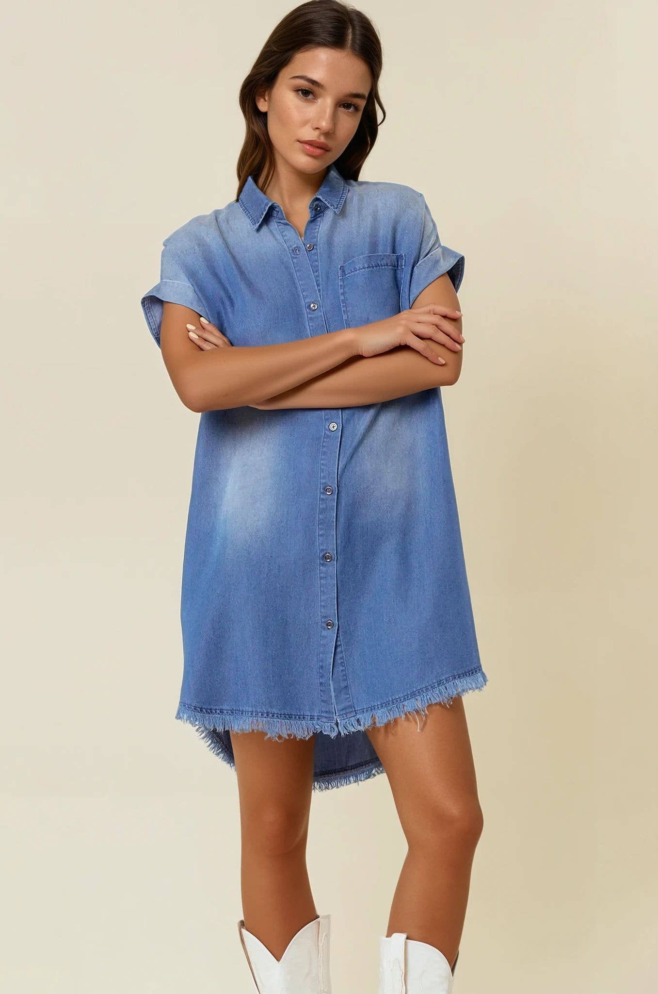 DOLMAN SHORT SLEEVE TENCEL DENIM SHIRT MINI DRESS - 27642D