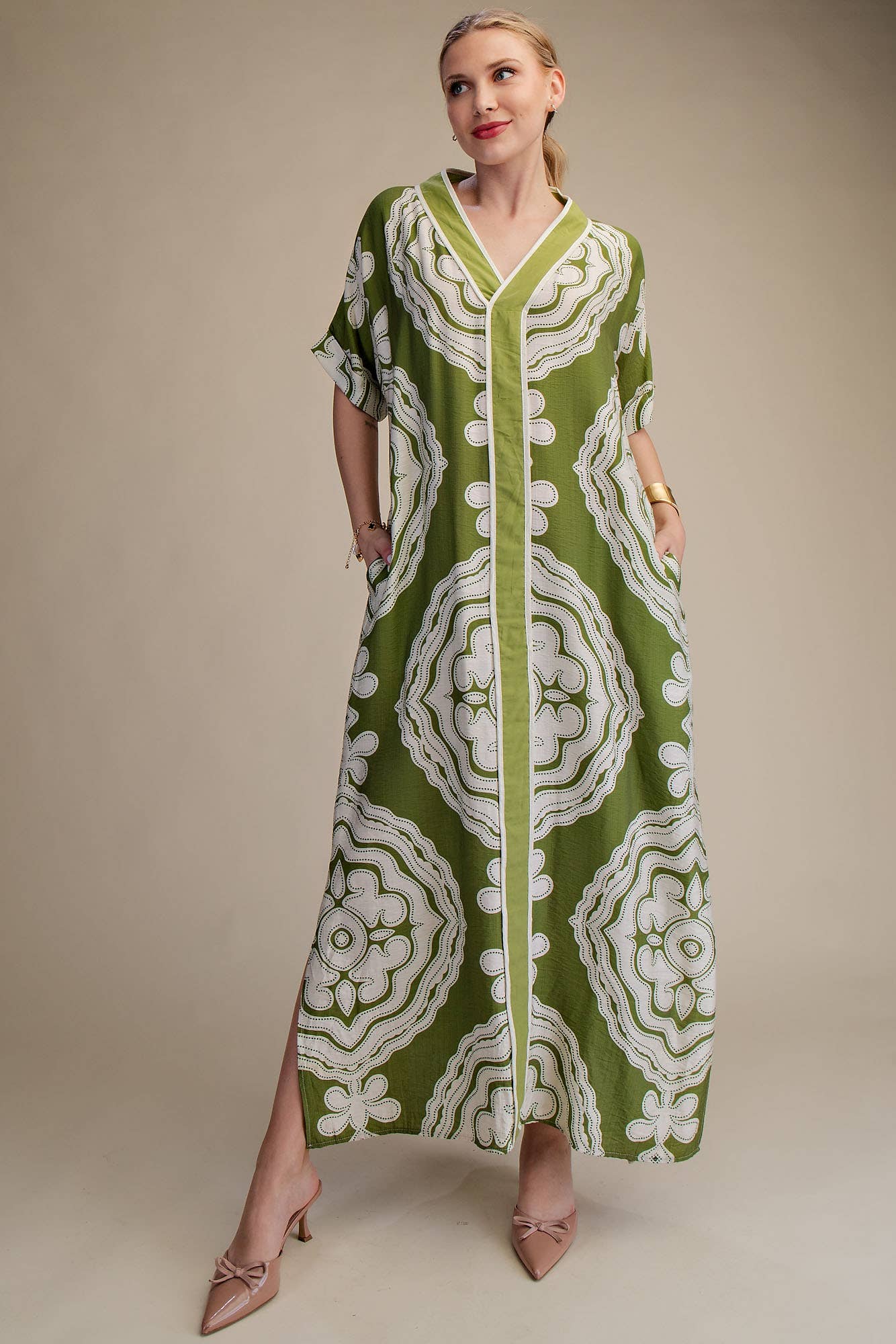 V-Neck Short Sleeve Maxi Print Dress