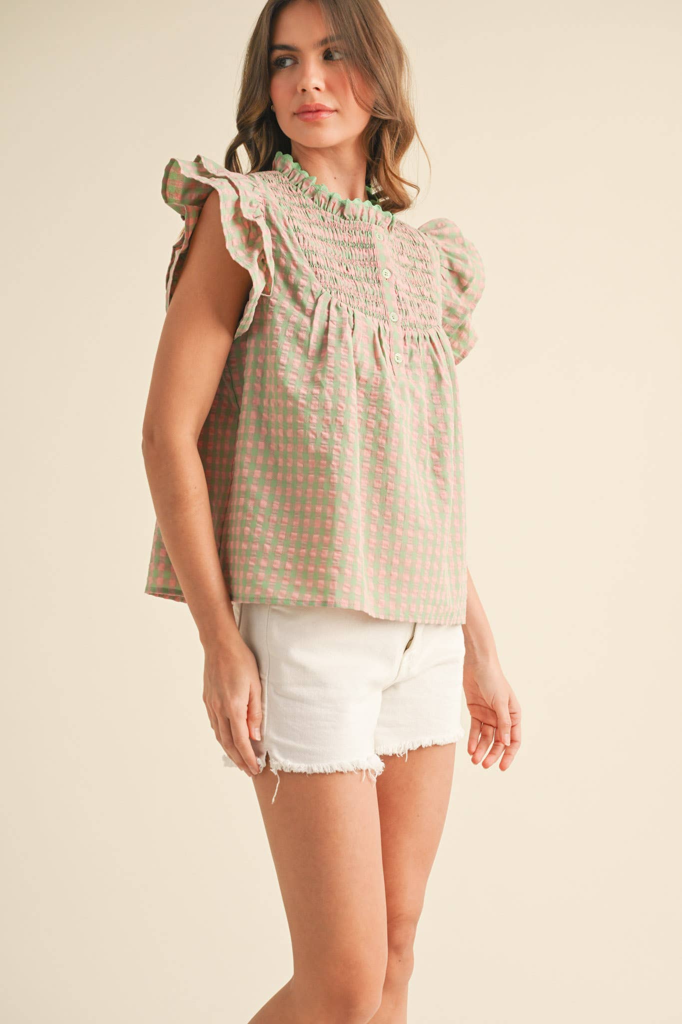 GINGHAM FLUTTER SLEEVE TOP