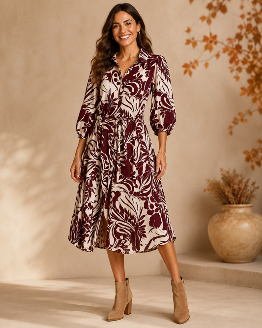 3/4 Balloon Sleeve Leaf Button Down Midi Dress
