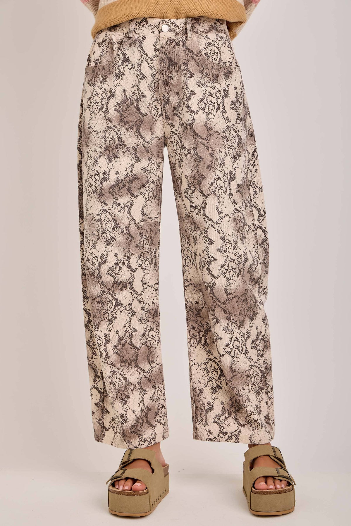 VINTAGE SNAKESKIN PRINT TWILL DENIM BARREL PANT