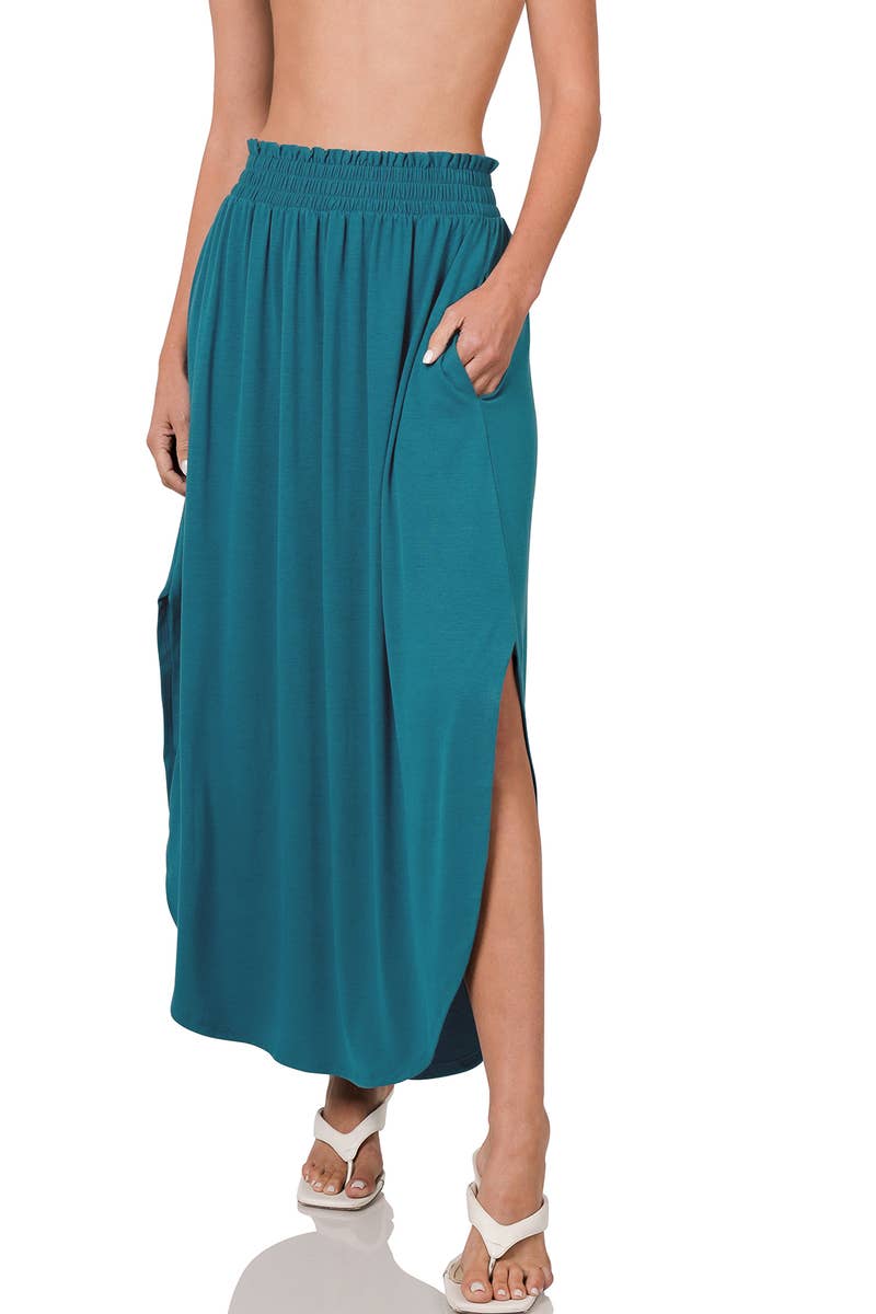 SMOCKED WAIST SIDE SLIT MAXI SKIRT WITH POCKETS