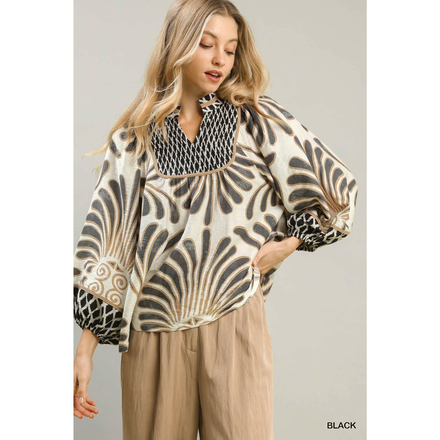 Print Smocked Yoke Top