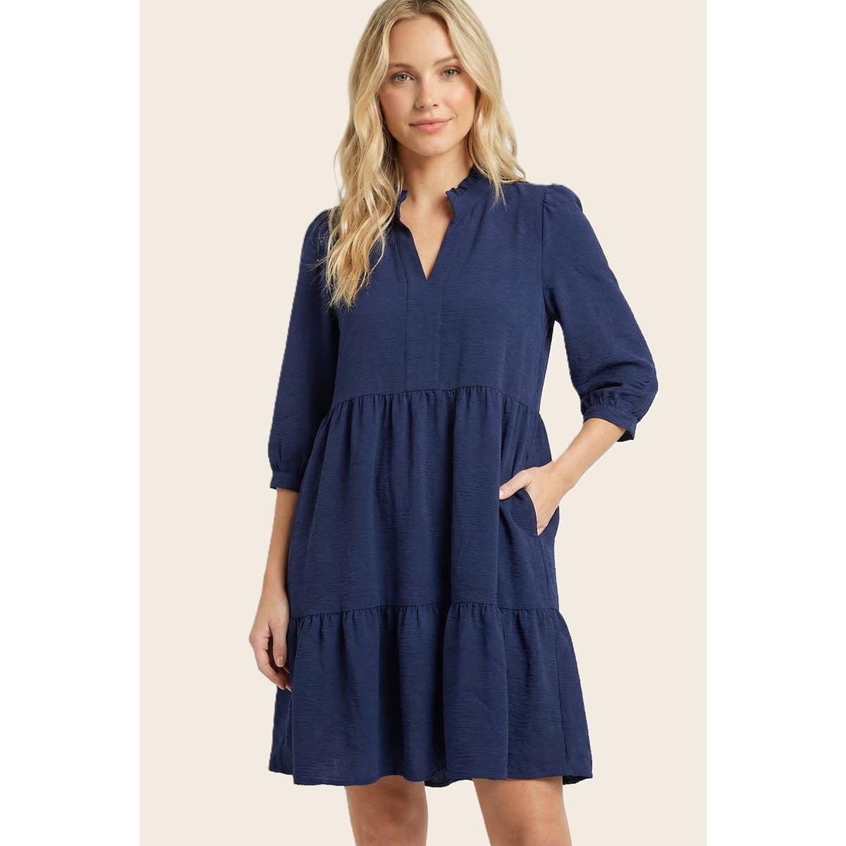 FRILLED SPLIT NECK TIERED DRESS