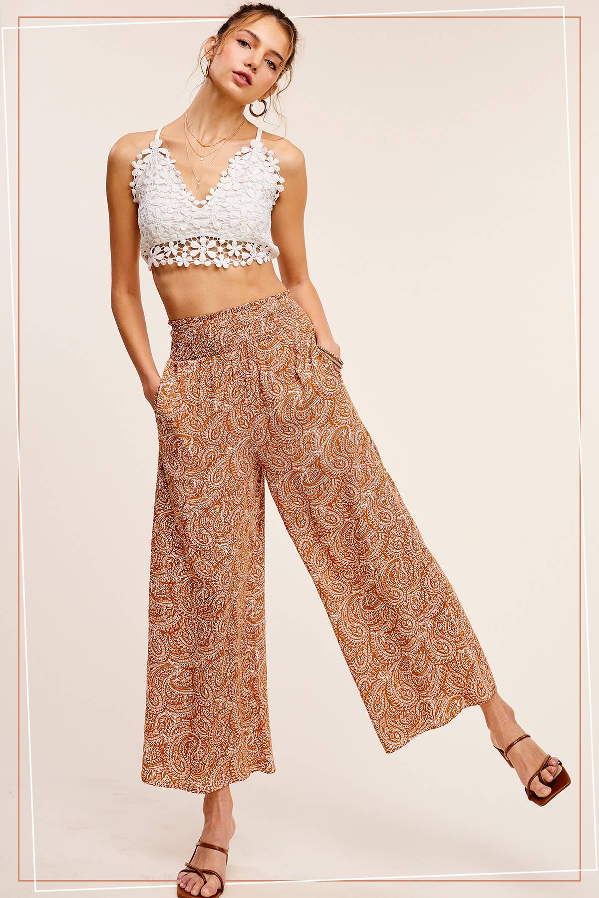 Boho Paisley Print Wide Leg Flowy Pants with Pockets