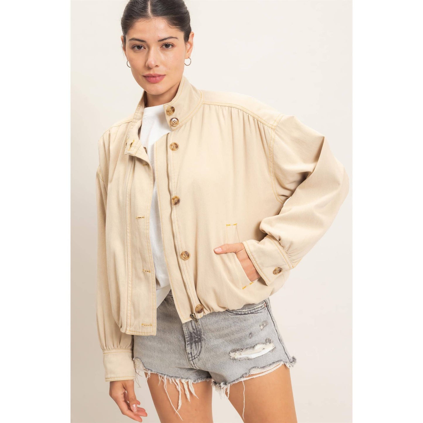 High Collar Denim Bomber Jacket