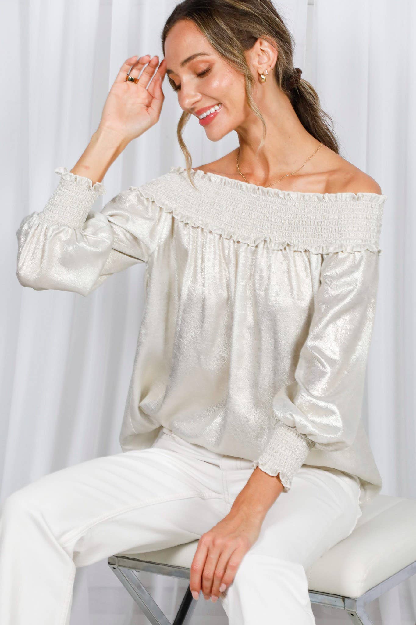 Metallic Woven Off-The-Shoulder Smocked Blouse