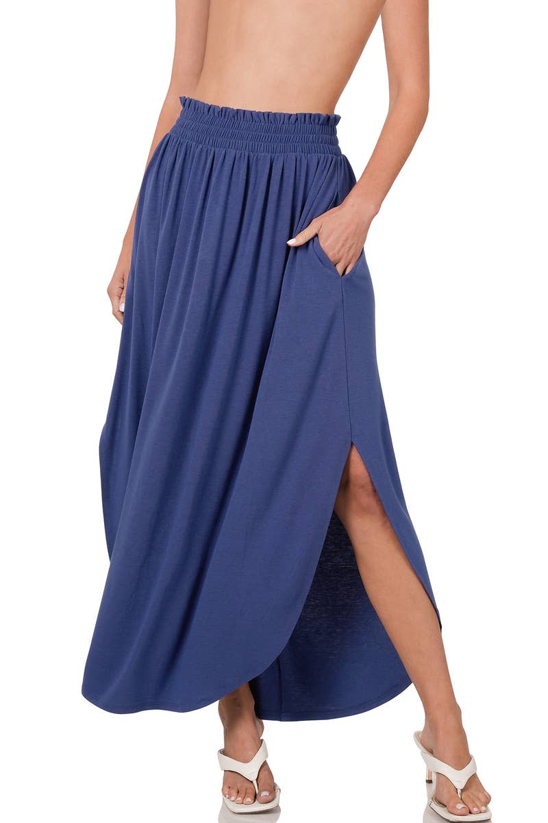 SMOCKED WAIST SIDE SLIT MAXI SKIRT WITH POCKETS