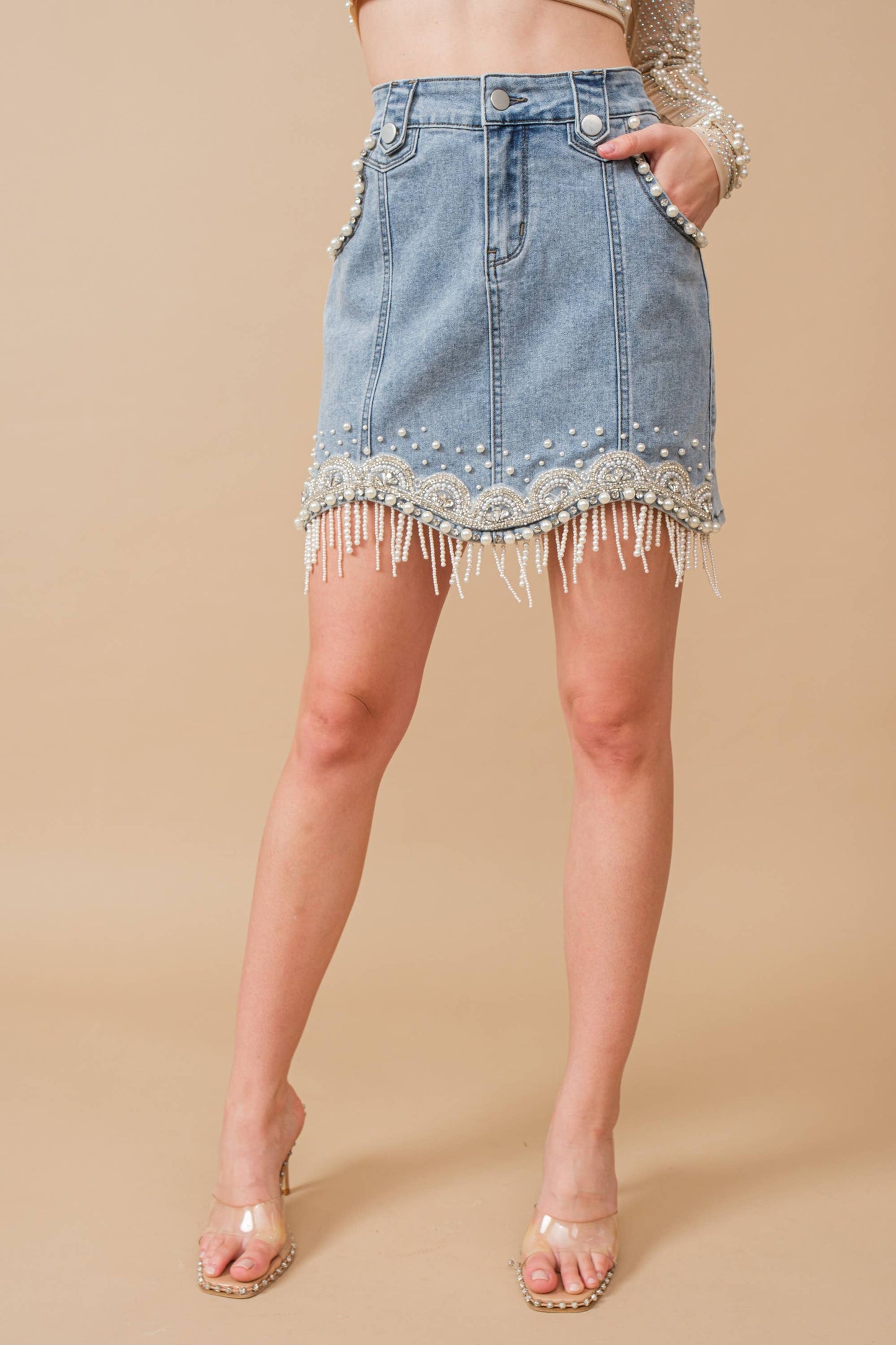 Stretch Denim Embellished Pearl Fringe Mini Skirt