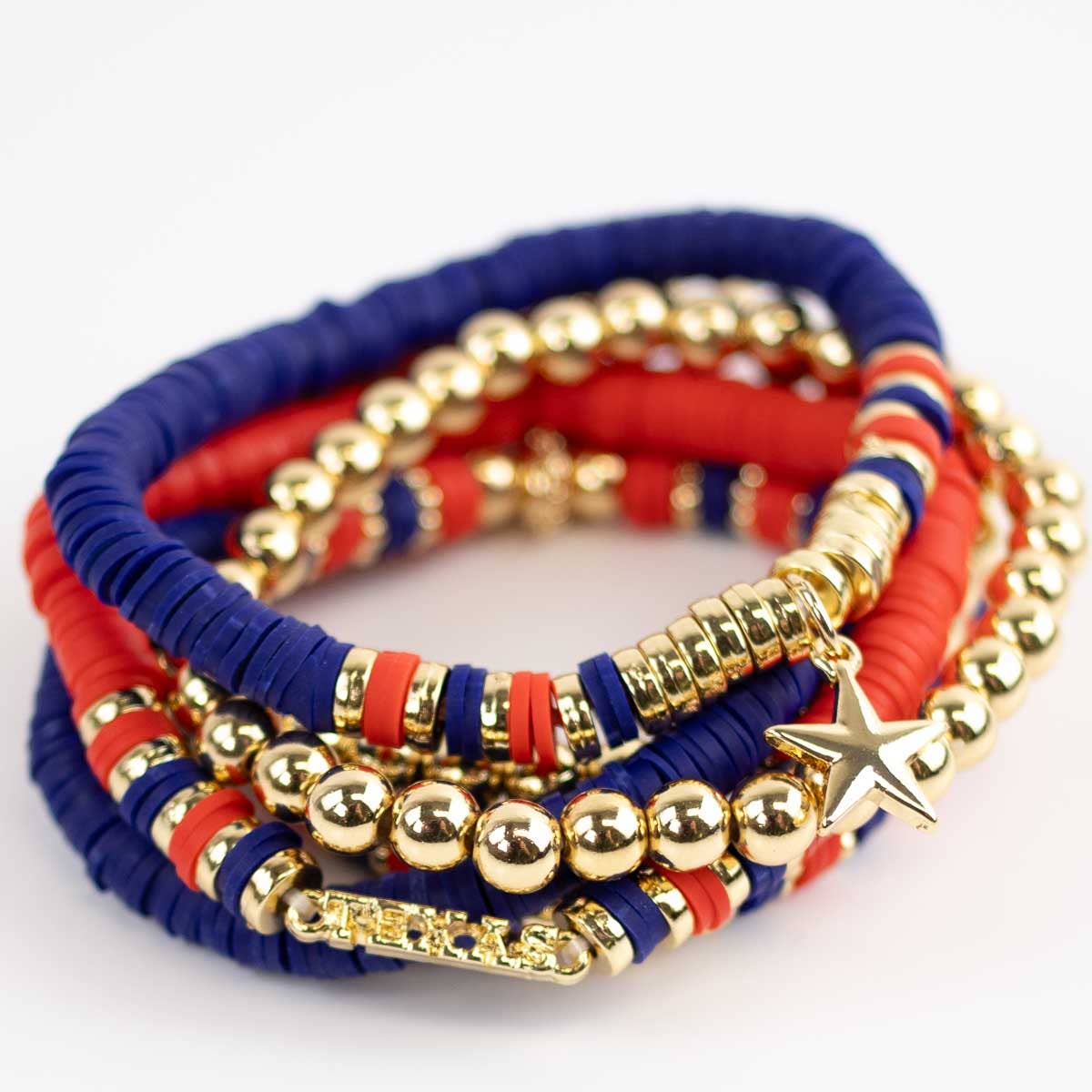 Texas Bead Bracelet Stack   Red/Blue/Gold   7"