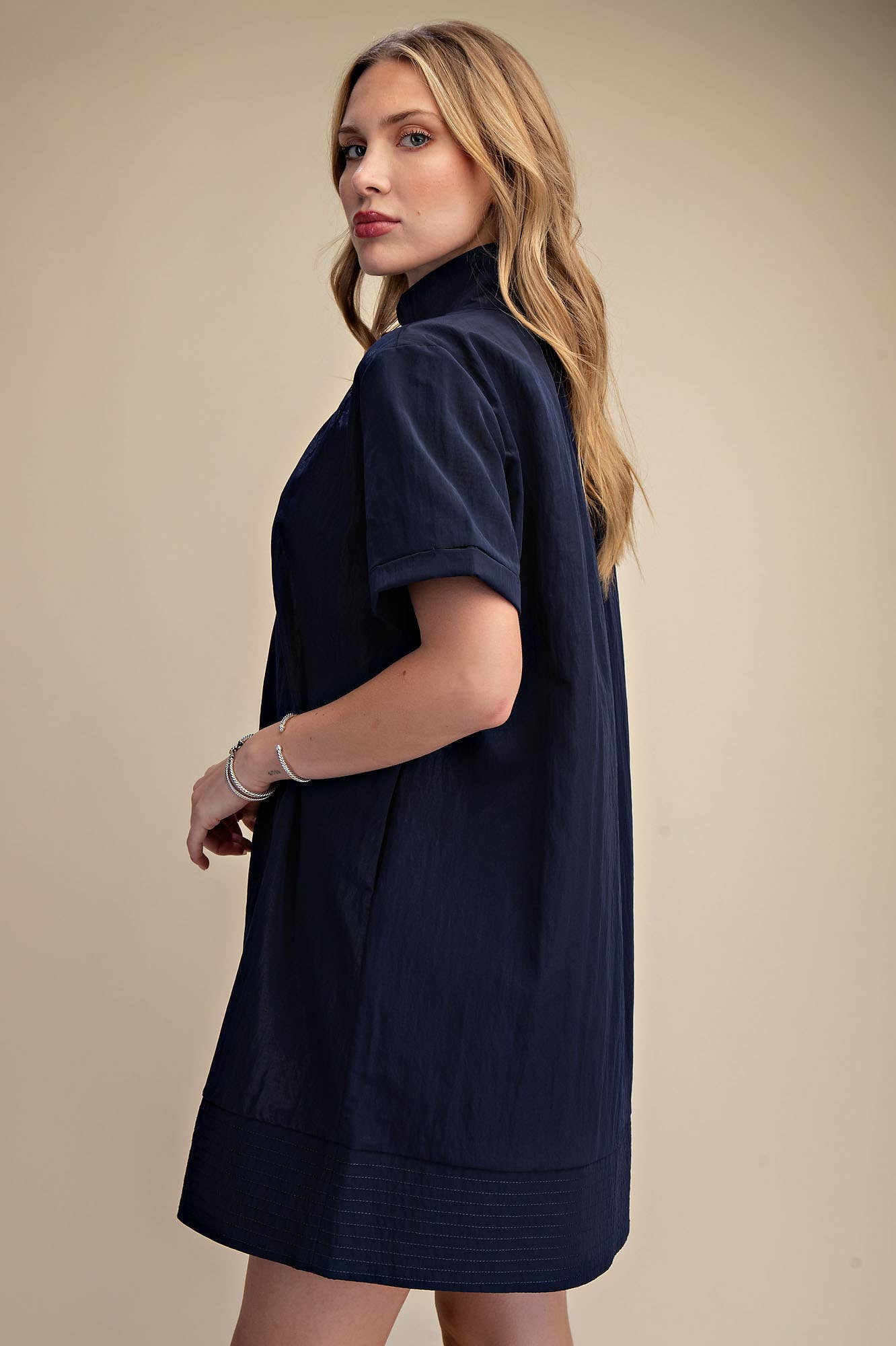 Stand Collar Short Sleeves Button Down Shift Dress