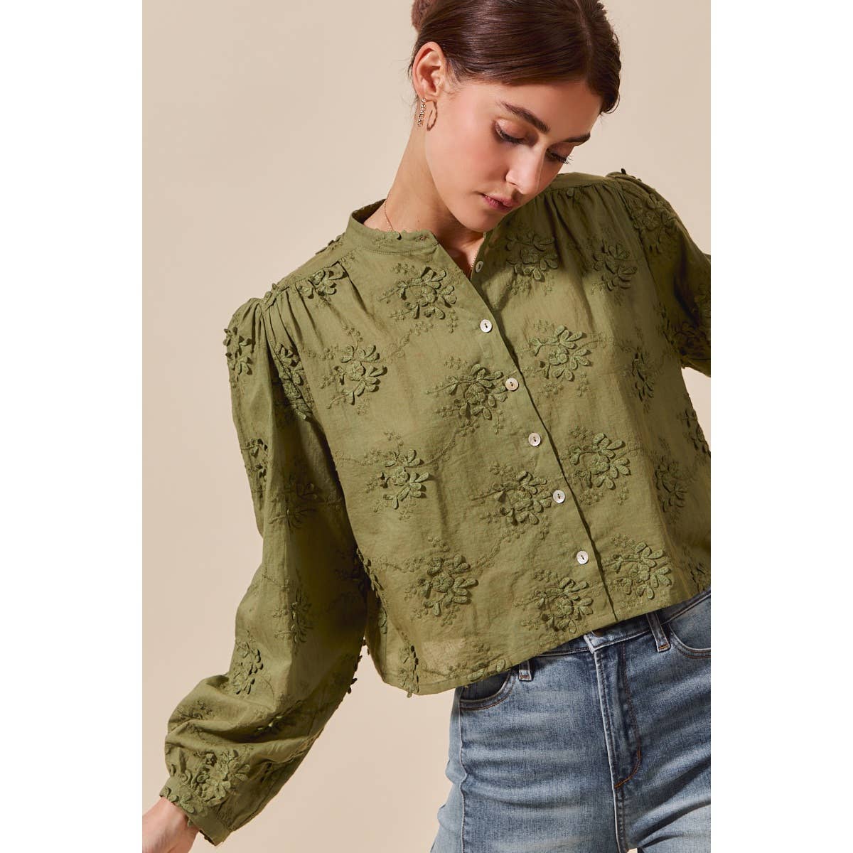 3D FLORAL WOVEN LONG SLEEVE FRONT BUTTON SHIRT