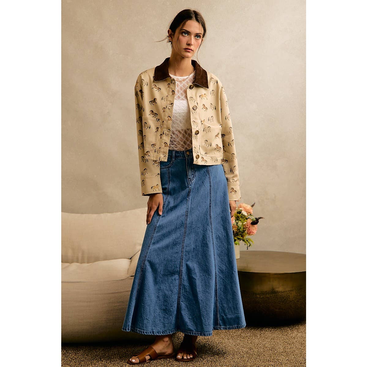 HORSE PRINT CORDUROY COLLAR JACKET
