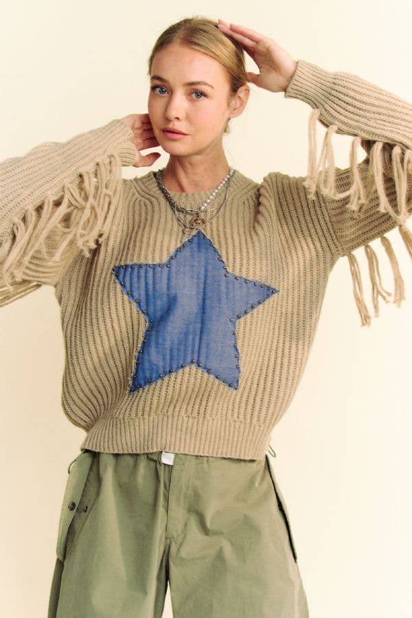 DENIM STAR STUD PATCH FRINGE LONG SLEEVE SWEATER