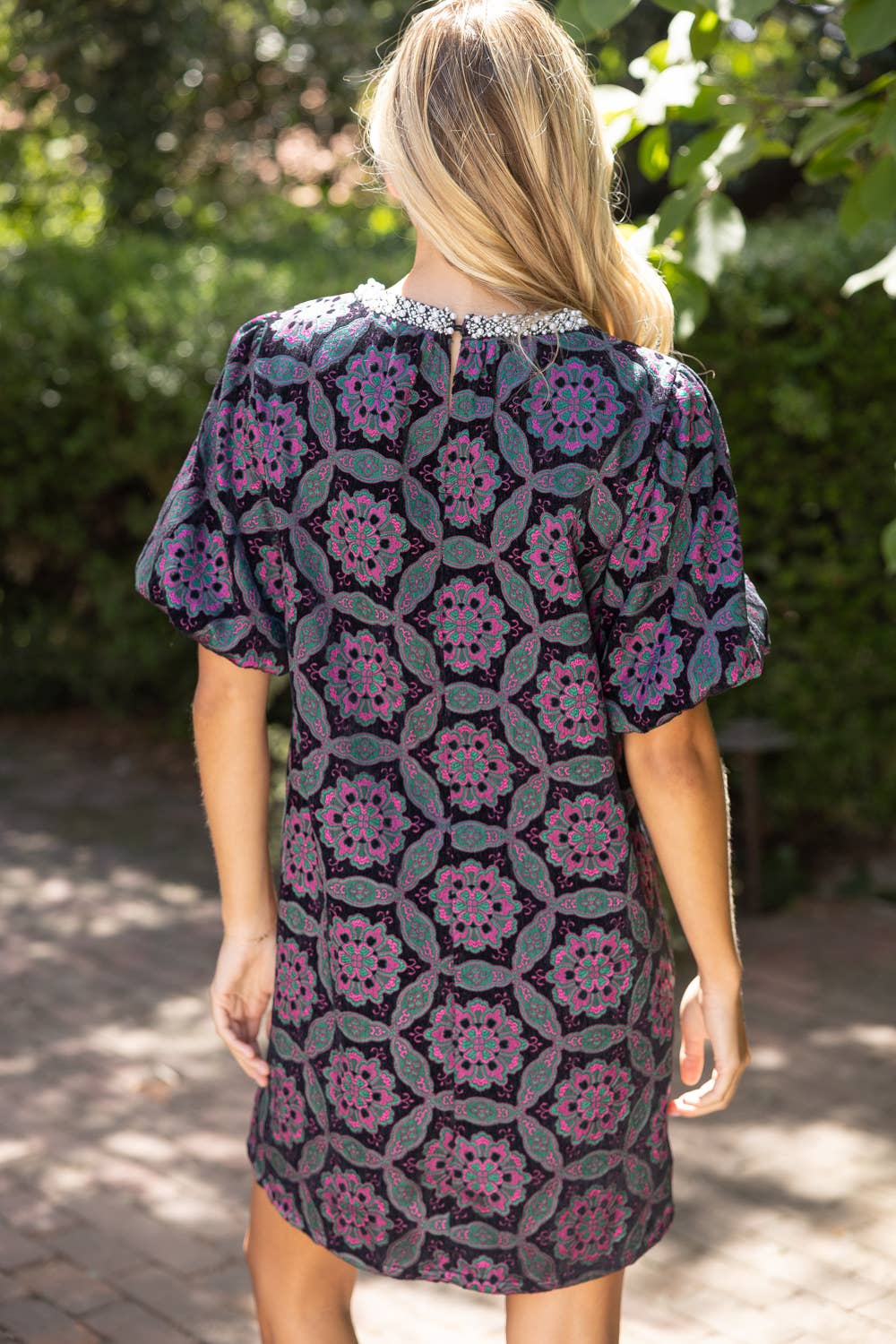 Beaded Neckline Geometric Velvet Jacquard Dress