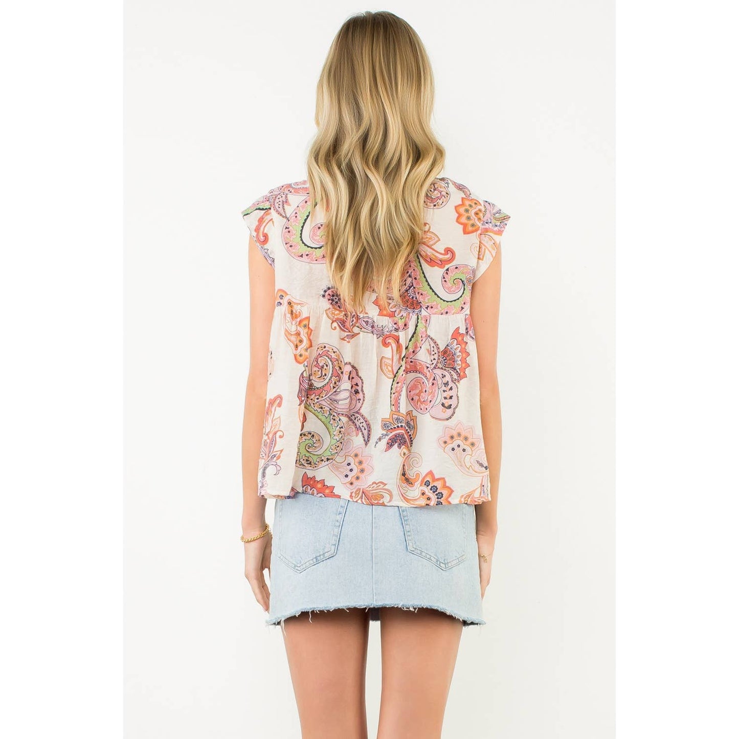 Cap Sleeve Paisley Button Down Top