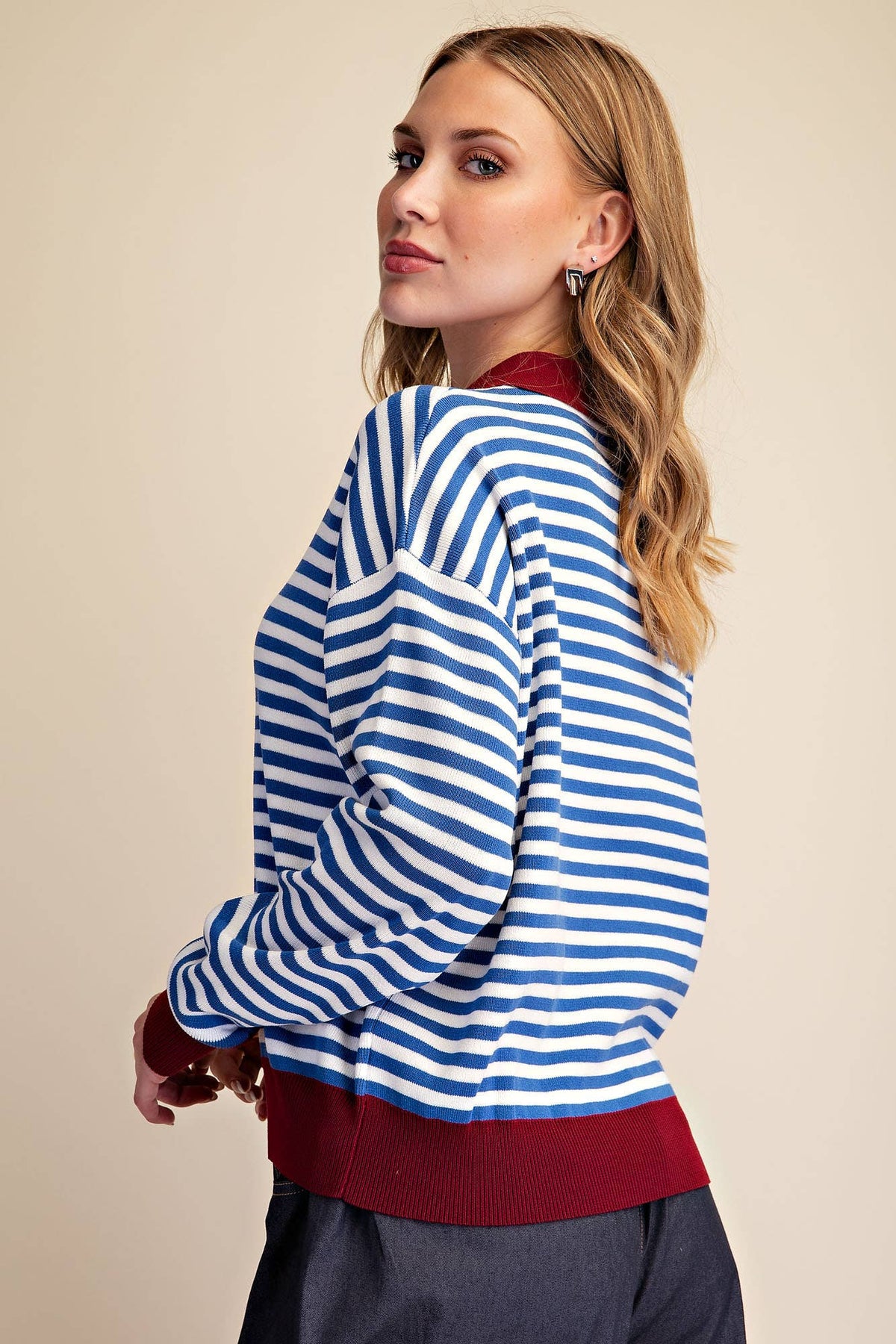 Collar Zip Neck Long Sleeve Stripe Sweater