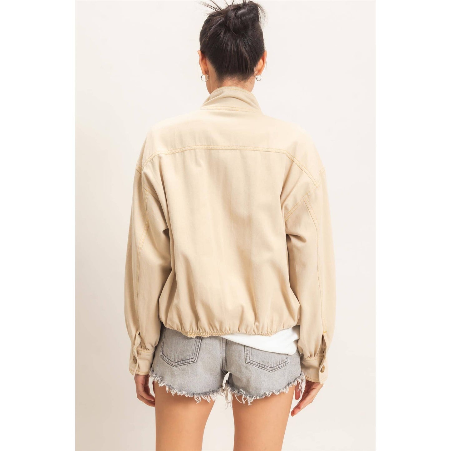 High Collar Denim Bomber Jacket