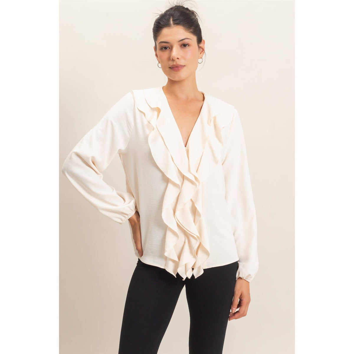 Ruffled V-Neck Button-Up Blouse