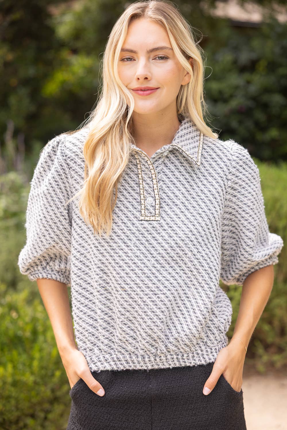 36950 Pearl Quarter Button Collared Tweed Top