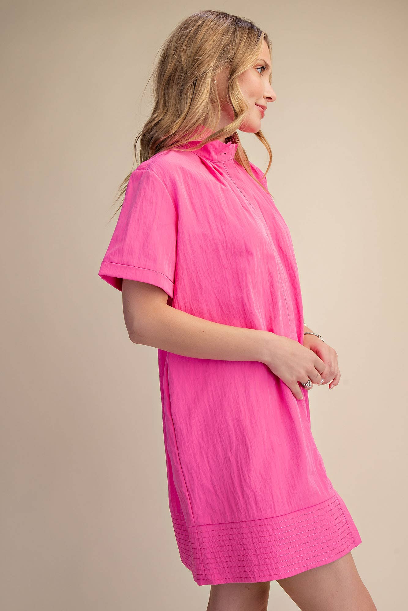 Stand Collar Short Sleeves Button Down Shift Dress