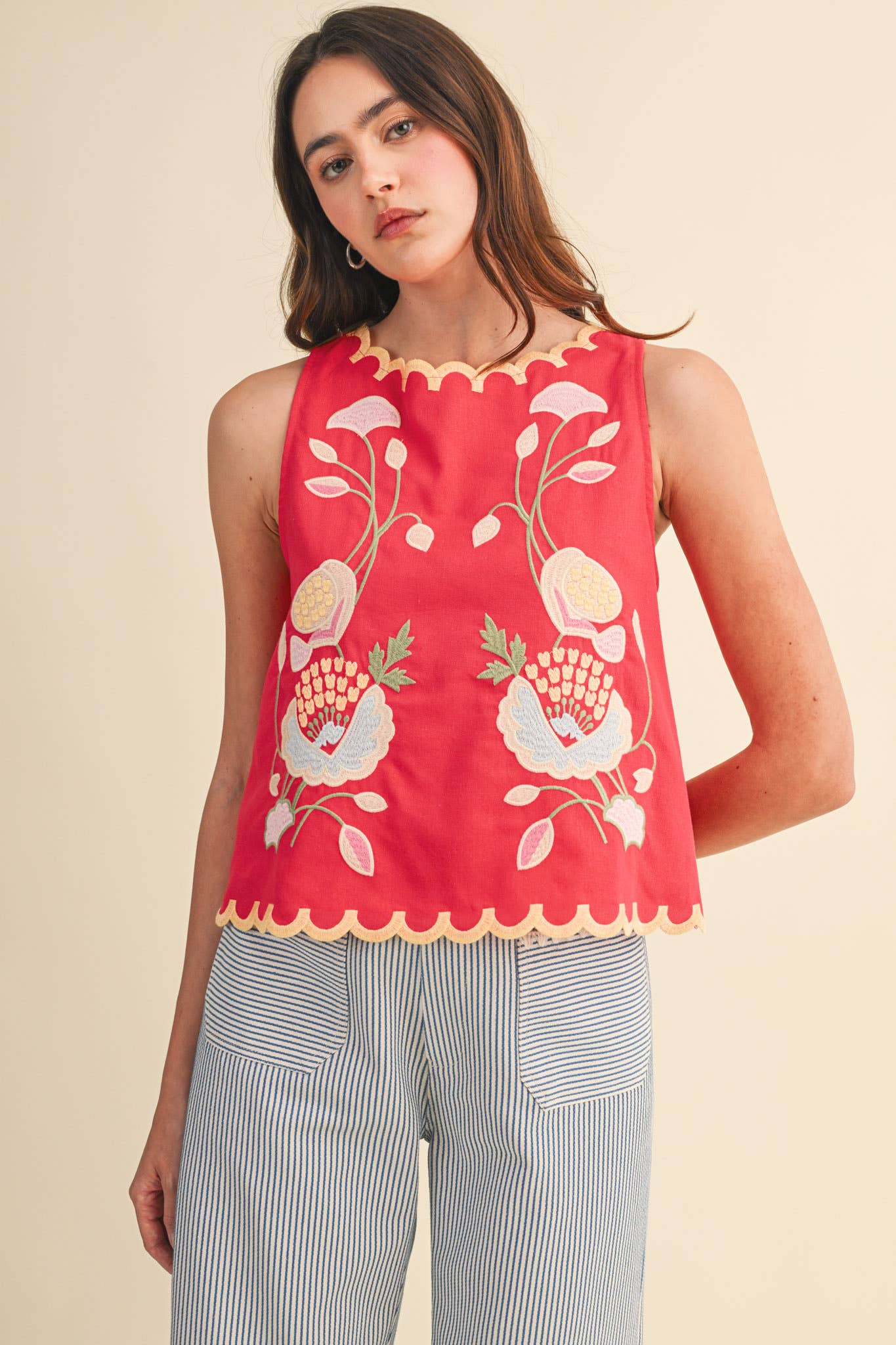 FLORAL EMBROIDERY SCALLOPED TANK