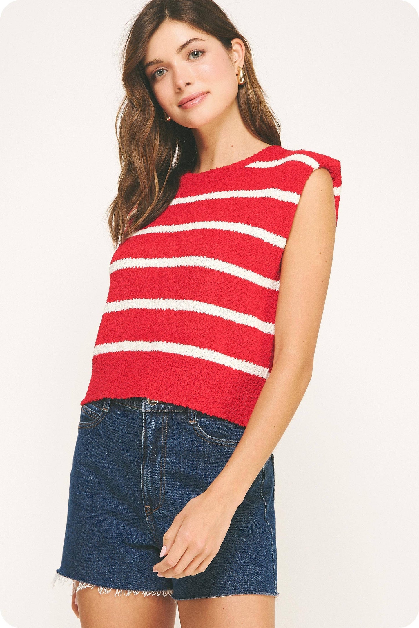 Shoulder Pad Sleeveless Textured Striped Knit Top