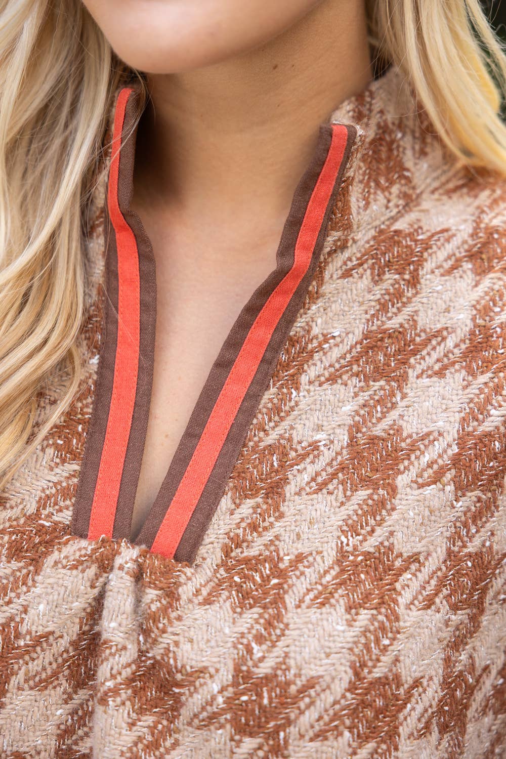 Stripe Denim Sleeve Houndstooth Tweed Top