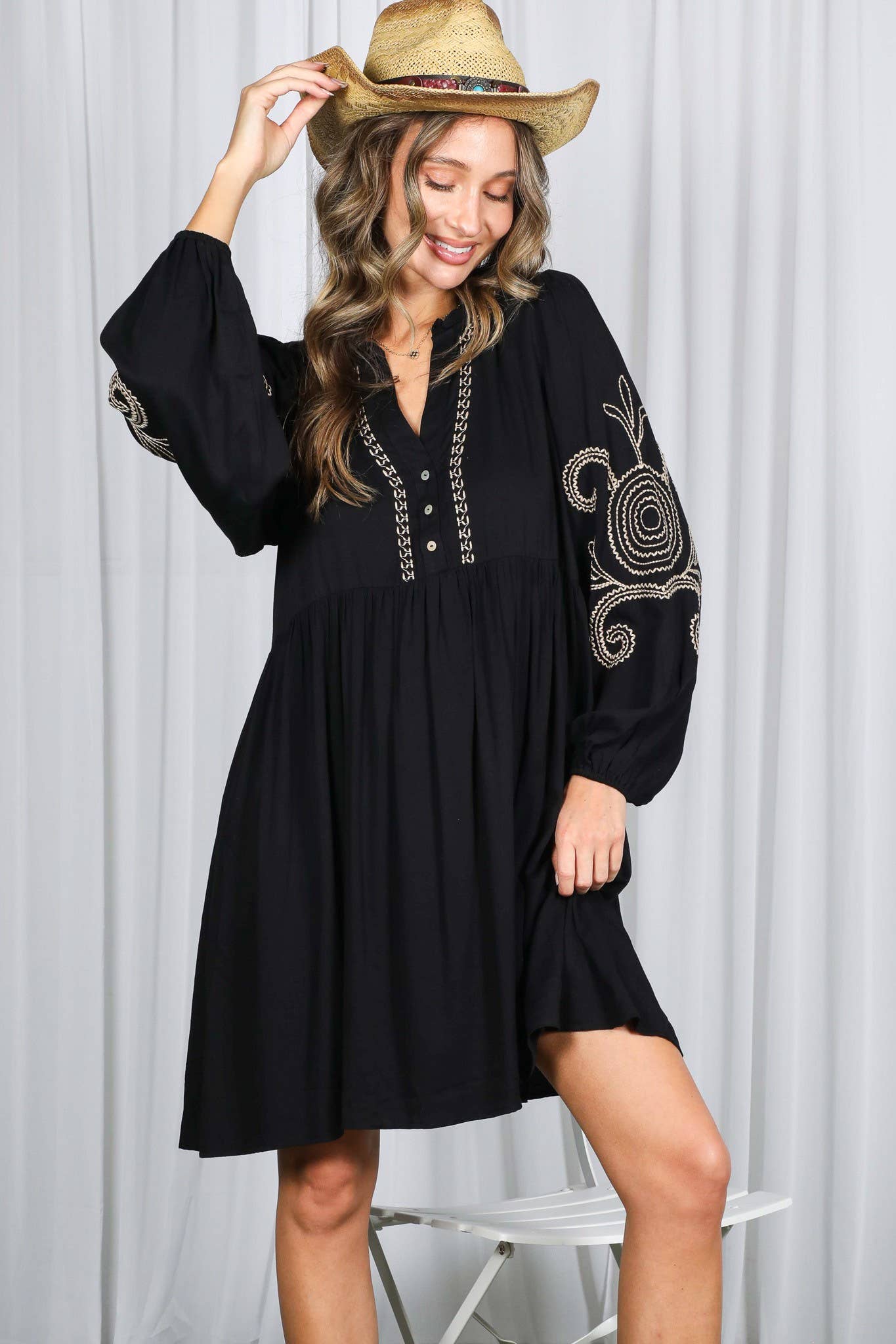 Paisley Embroidered V-Neck Baby Doll Mini Dress
