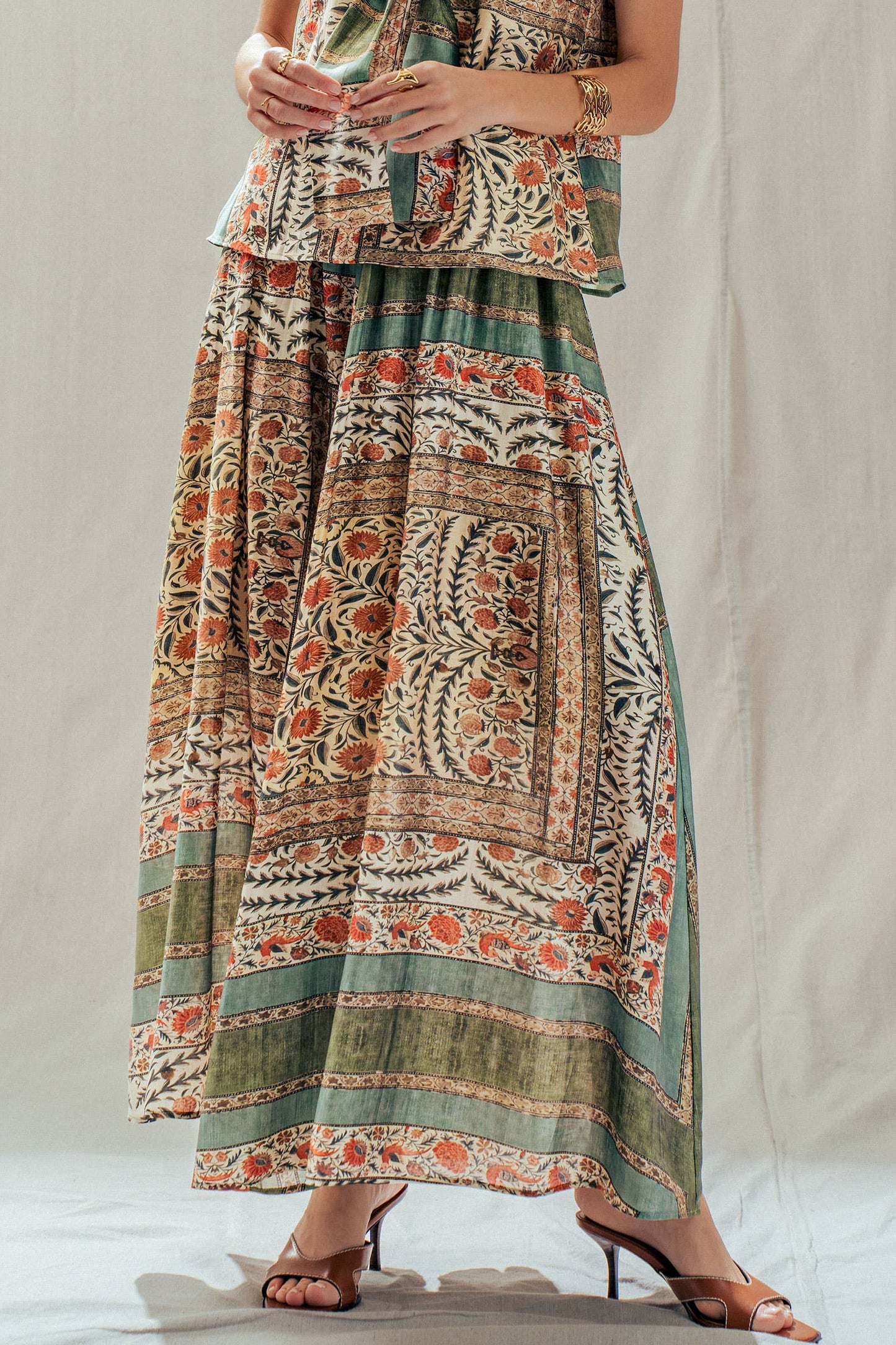 Botanical Bird Print Tencel Blend Maxi Skirt