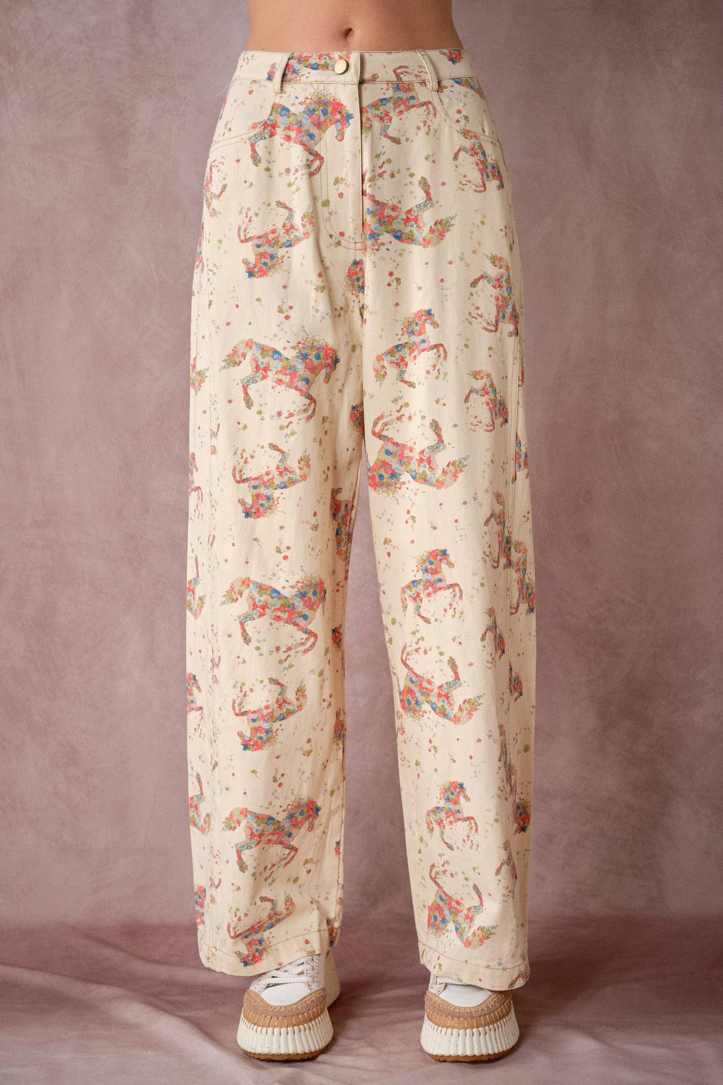 Floral Horse Print Relaxed Cotton Pants
