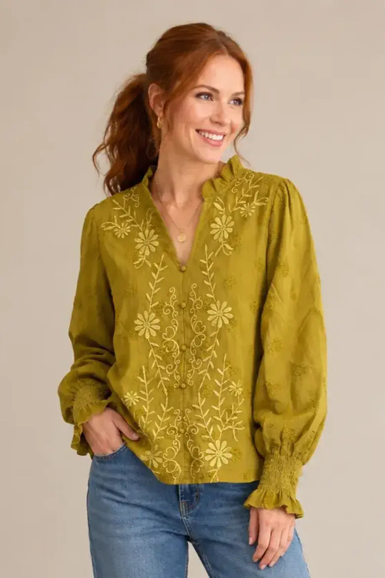Embroidered Ruffle Neck Blouse