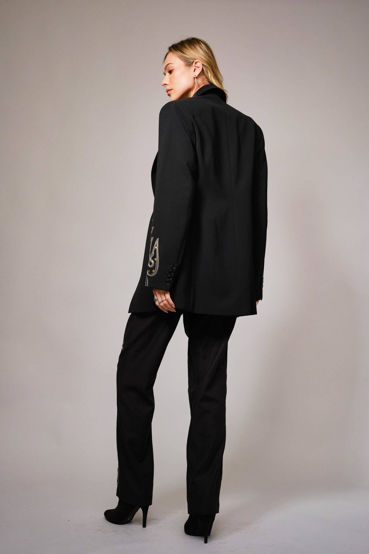 Twill Embroidered Stitchwork Studded Pants