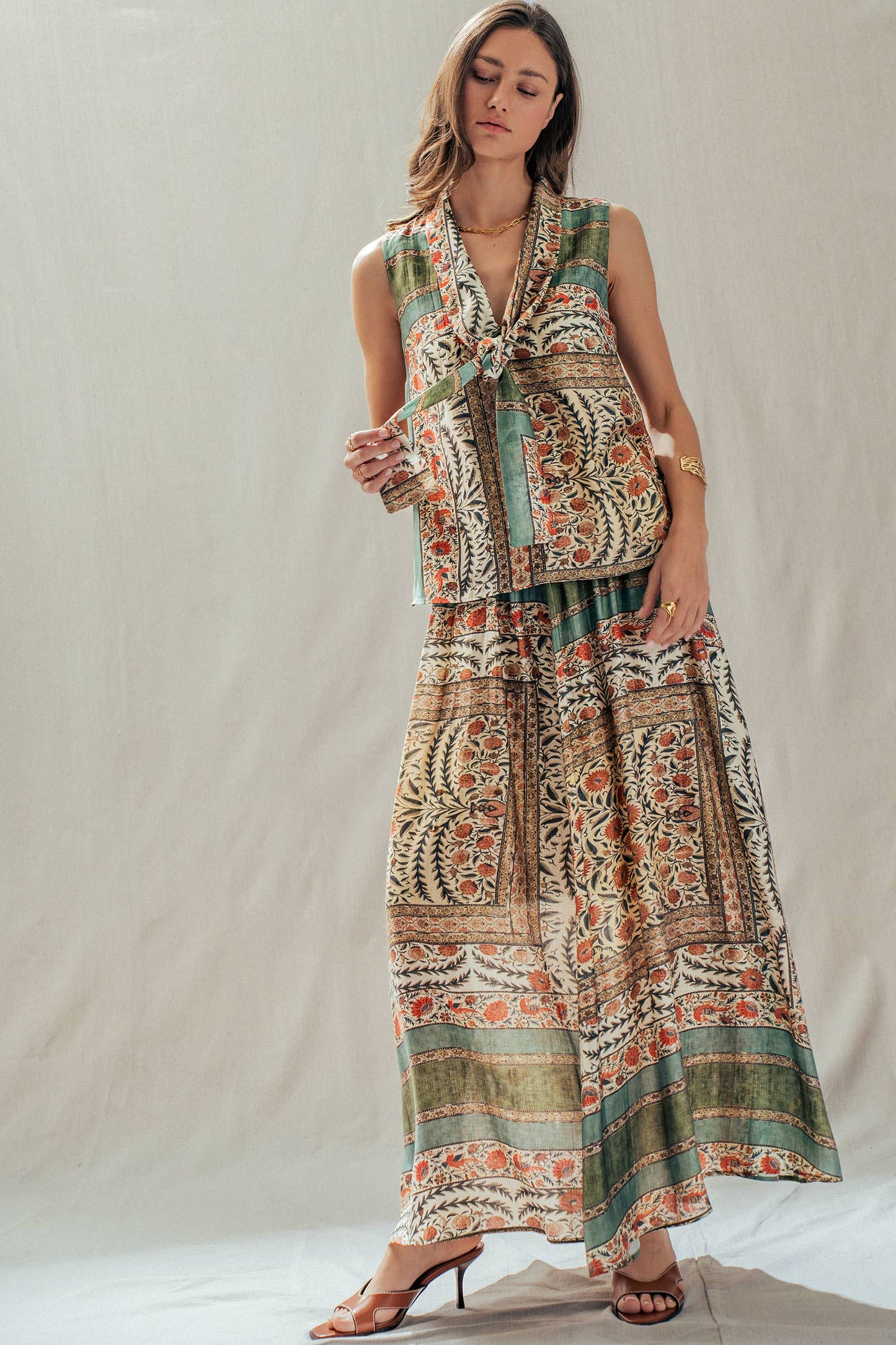Botanical Bird Print Tie-Front Tencel Blend Top